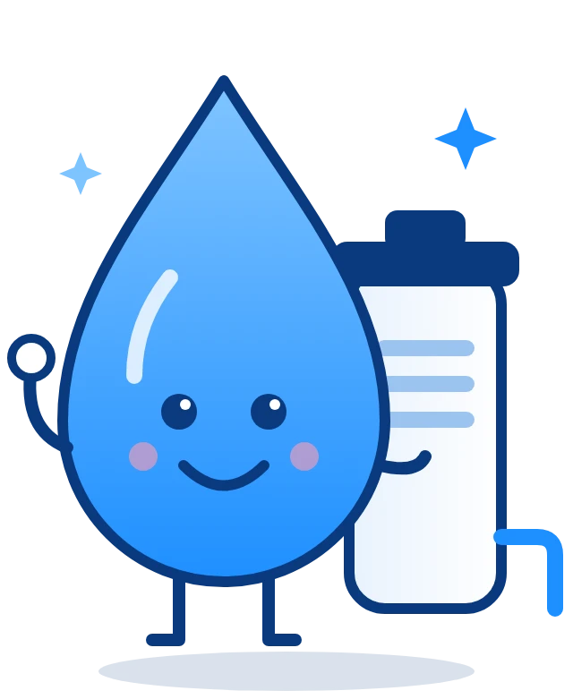 Mascotte van Vergelijk Jouw PFAS filter: een blije waterdruppel naast een waterfilter