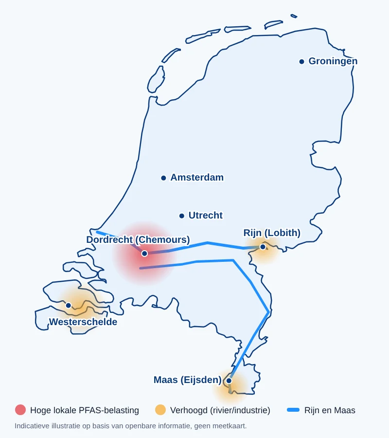 Indicatieve PFAS-kaart van Nederland met Dordrecht, Rijn, Maas en Westerschelde